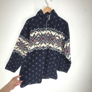 Vintage Navy Fair Isle Birdseye Fleece Quarter Zip Pullover Sweater Womens Small